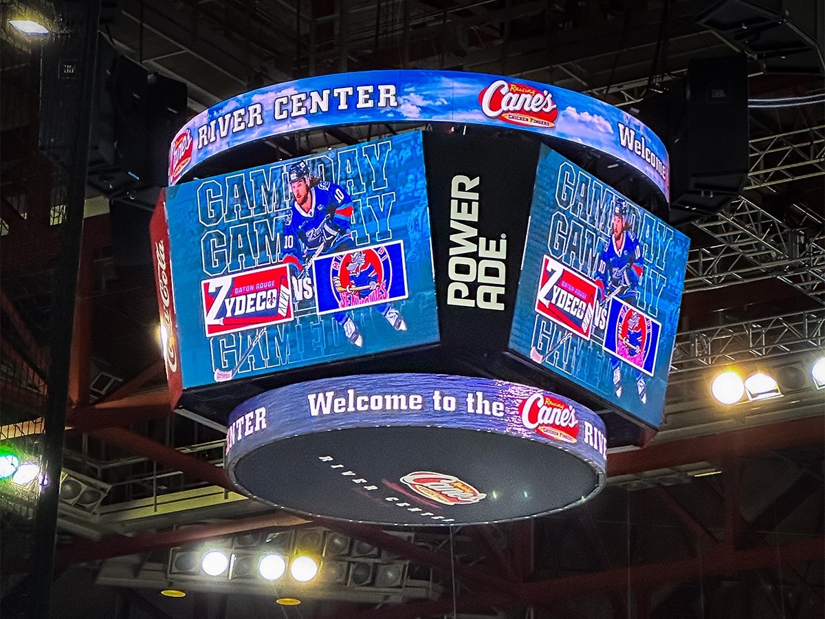 Centerhung LED Display at Raising Cane’s River Center Arena; Indoor 3.9mm, 6'7" x 9'10", Baton Rouge, LA